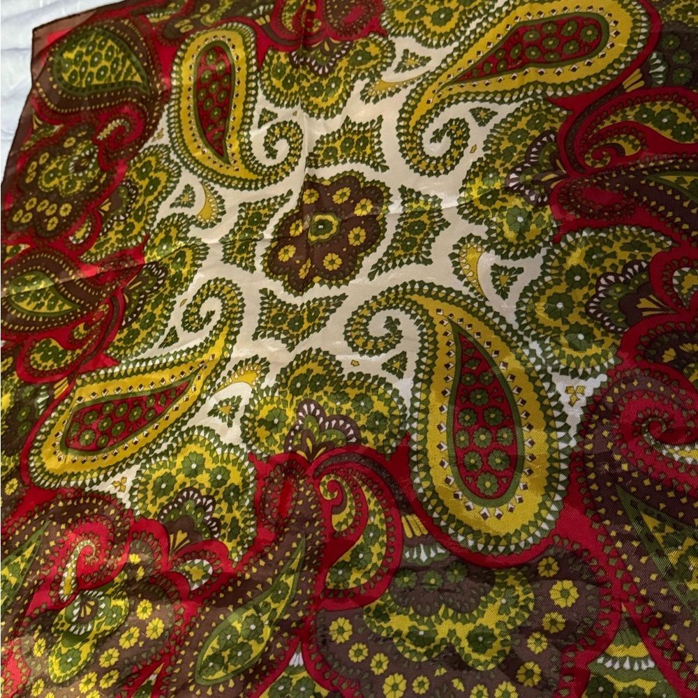 Vtg Paisley Square Scarf Brown Red Yellow Boho 27” Polyester Italy Style 70’s